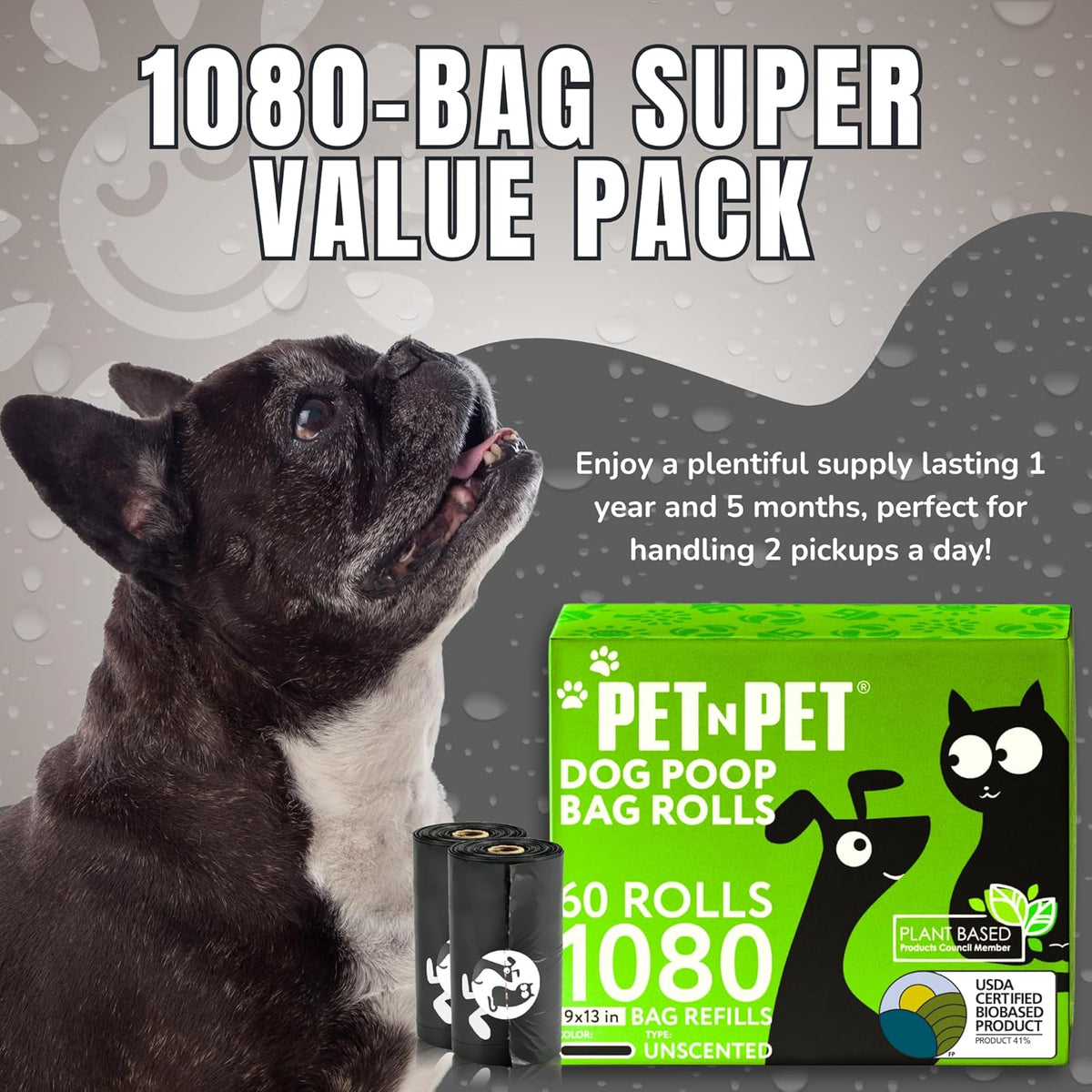 Pet N Pet 1080 Counts Black Poop Bags for Dogs, 41% Plant Based & 59% PE Extra Thick Dog Poop Bags
