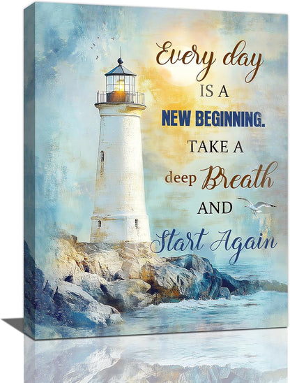 Ocean Lighthouse Pictures Wall Art, Coastal Nautical Bathroom Wall Decor Every Day is a New