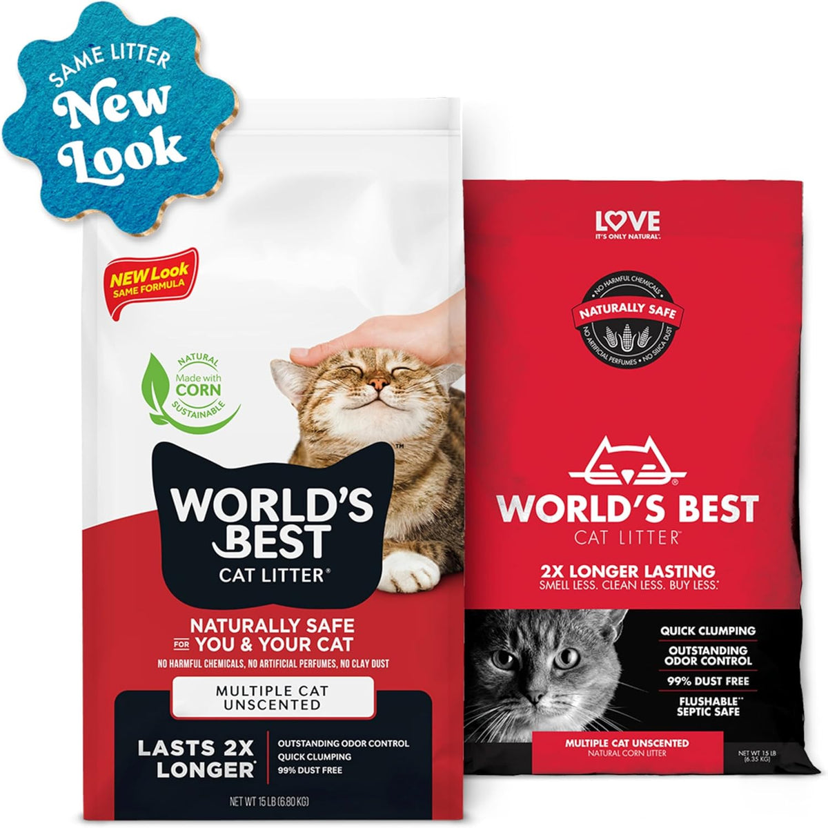 WORLD'S BEST CAT LITTER Multiple Cat Unscented, 15-Pounds - Natural Ingredients, Quick Clumping