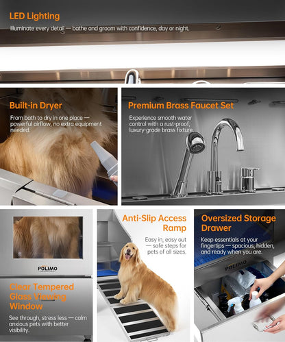 polimo Dog Washing Station with Dryer & LED, Professional Stainless Steel Grooming Tub, Dog Bathtub