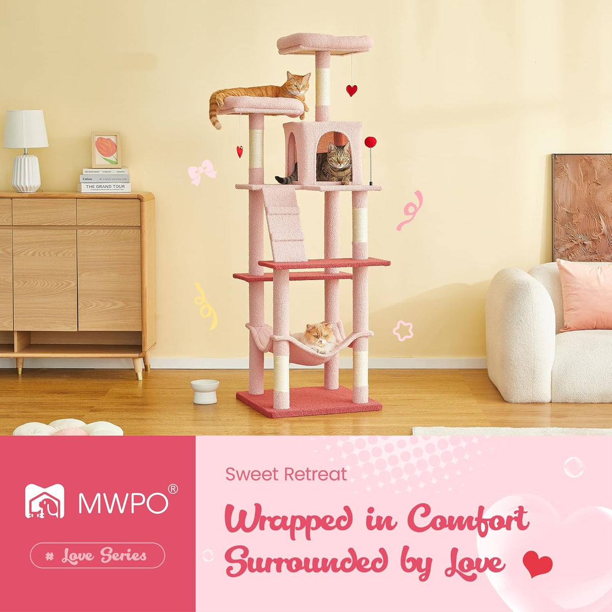 MWPO Cute Cat Tree, 70.1-Inch Tall Pink Cat Tower for Indoor Cats Large Adult, Multi-Level Cat