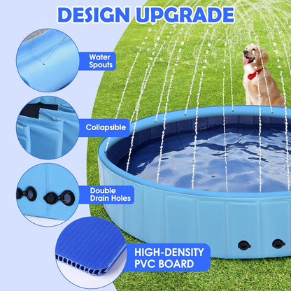 87" Large Dog Pool with Sprinkler, 2-in-1 Foldable Swimming Pool Non-Slip Hard Plastic Splash