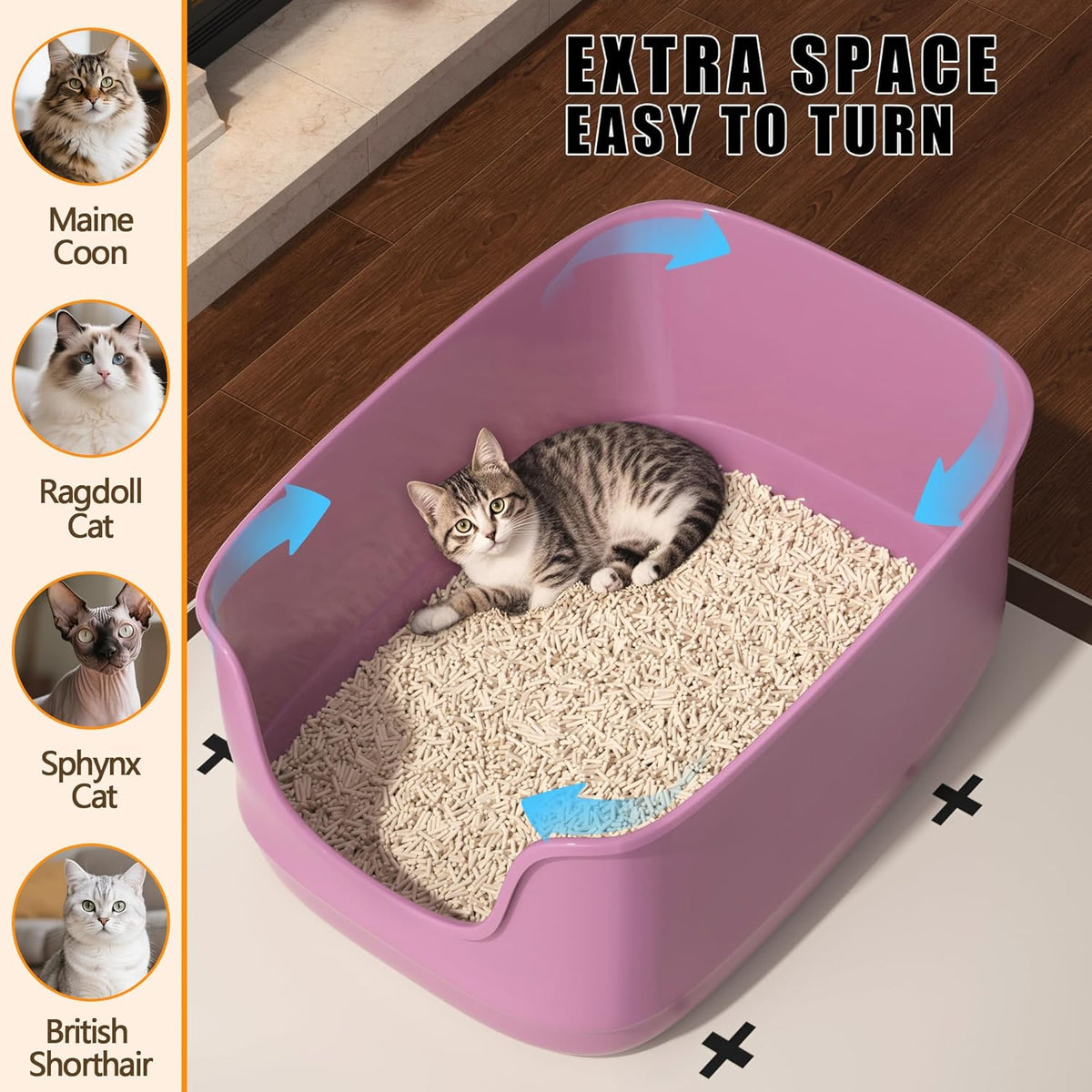 Gefryco Large Cat Litter Box with High Sided 24.6"x18.3"x12.2" - Jumbo Extra Large Open Anti