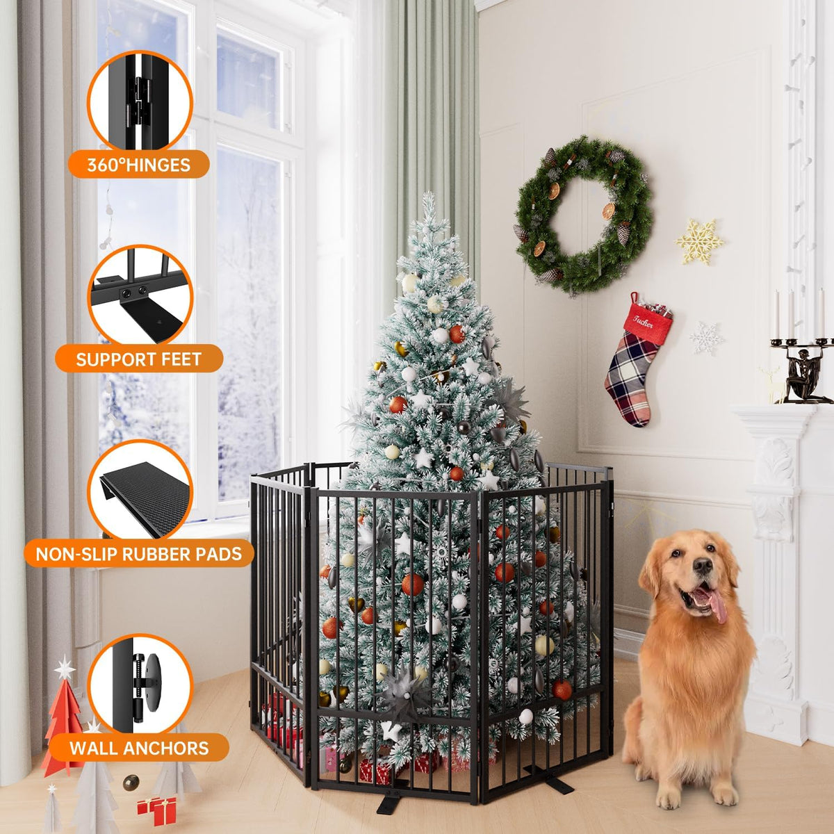 Full Metal Freestanding Dog Gate with Door, 36''Height Foldable Pet Dog Fence for Indoor & Outdoor