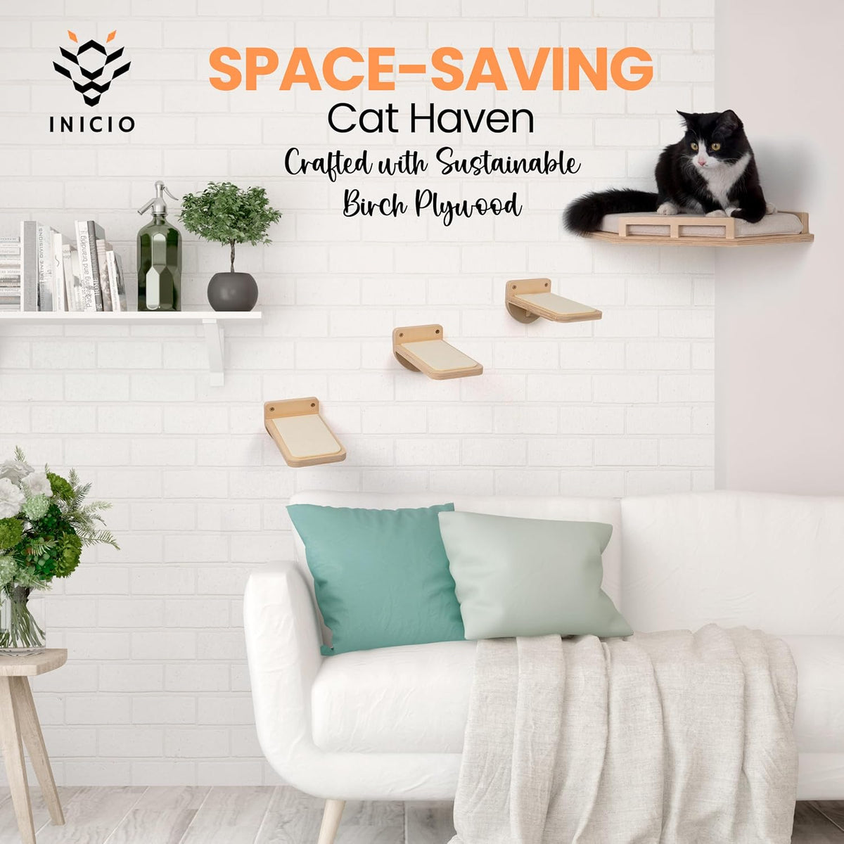 INICIO Cat Wall Shelves - Modern and Durable 3 Step Cat Furniture for Wall - Stylish Birch Floating