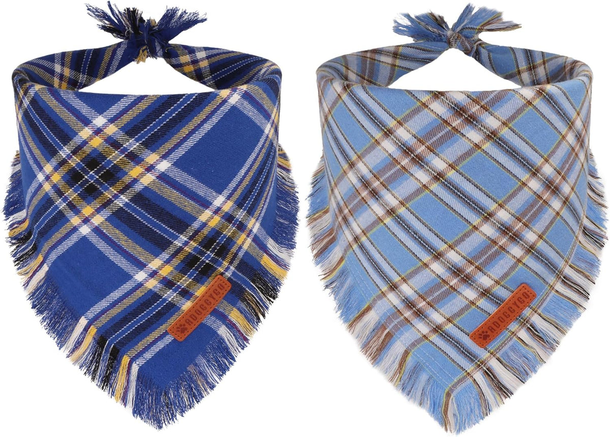 ADOGGYGO Dog Bandanas Boy with Tassels Edges, Stylish Blue Plaid Pet Scarf, Soft Cotton Fabric