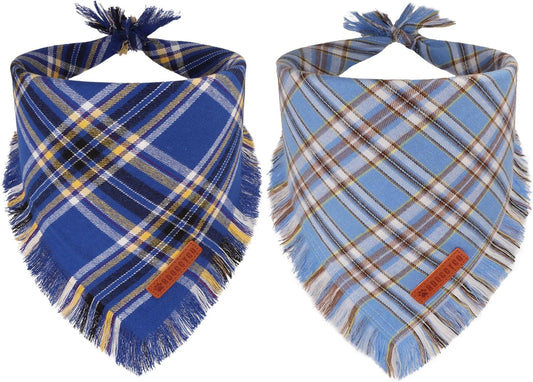 ADOGGYGO Dog Bandanas Boy with Tassels Edges, Stylish Blue Plaid Pet Scarf, Soft Cotton Fabric