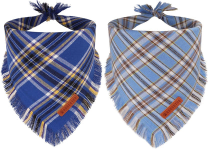 ADOGGYGO Dog Bandanas Boy with Tassels Edges, Stylish Blue Plaid Pet Scarf, Soft Cotton Fabric