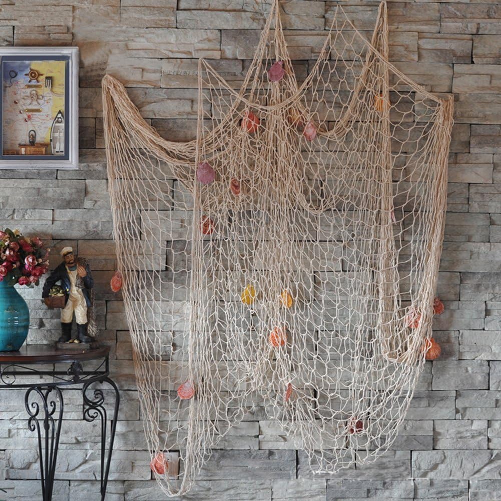 Rosoz Nature Fish Net Wall Decoration with Shells, Ocean Themed Wall Hangings Fishing Net Party
