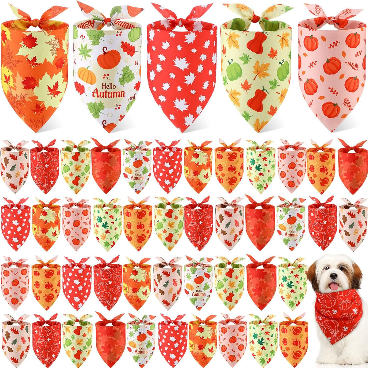 Weewooday 50 Pcs Fall Dog Bandanas Bulk Pumpkin Maple Leaves Thanksgiving Autumn Bandanas for Bibs