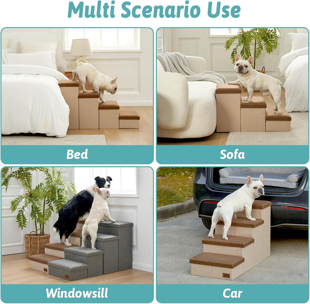 Dog Stairs with Storage, 4-Step Wider Sturdy Dog Steps for Small/Medium/Large Dogs and Older Cats