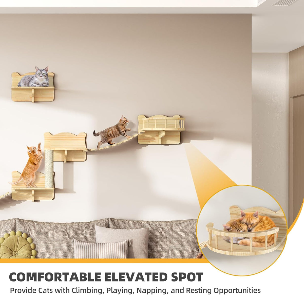 Cat Wall Shelves, Cat Wall Furniture Pine Wooden Feline Shelf, 9 Piece Shelves and Perches with