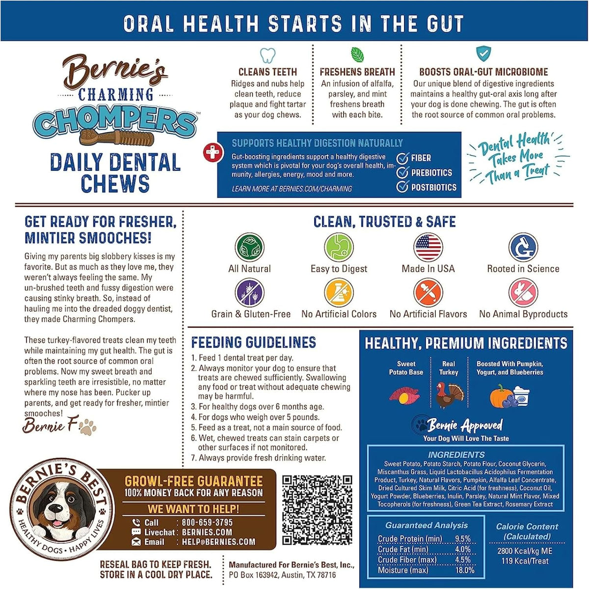 Bernie's Charming Chompers - Daily Dental Chews for Dogs 26-50 Lbs. - 18 Count - Cleans Teeth
