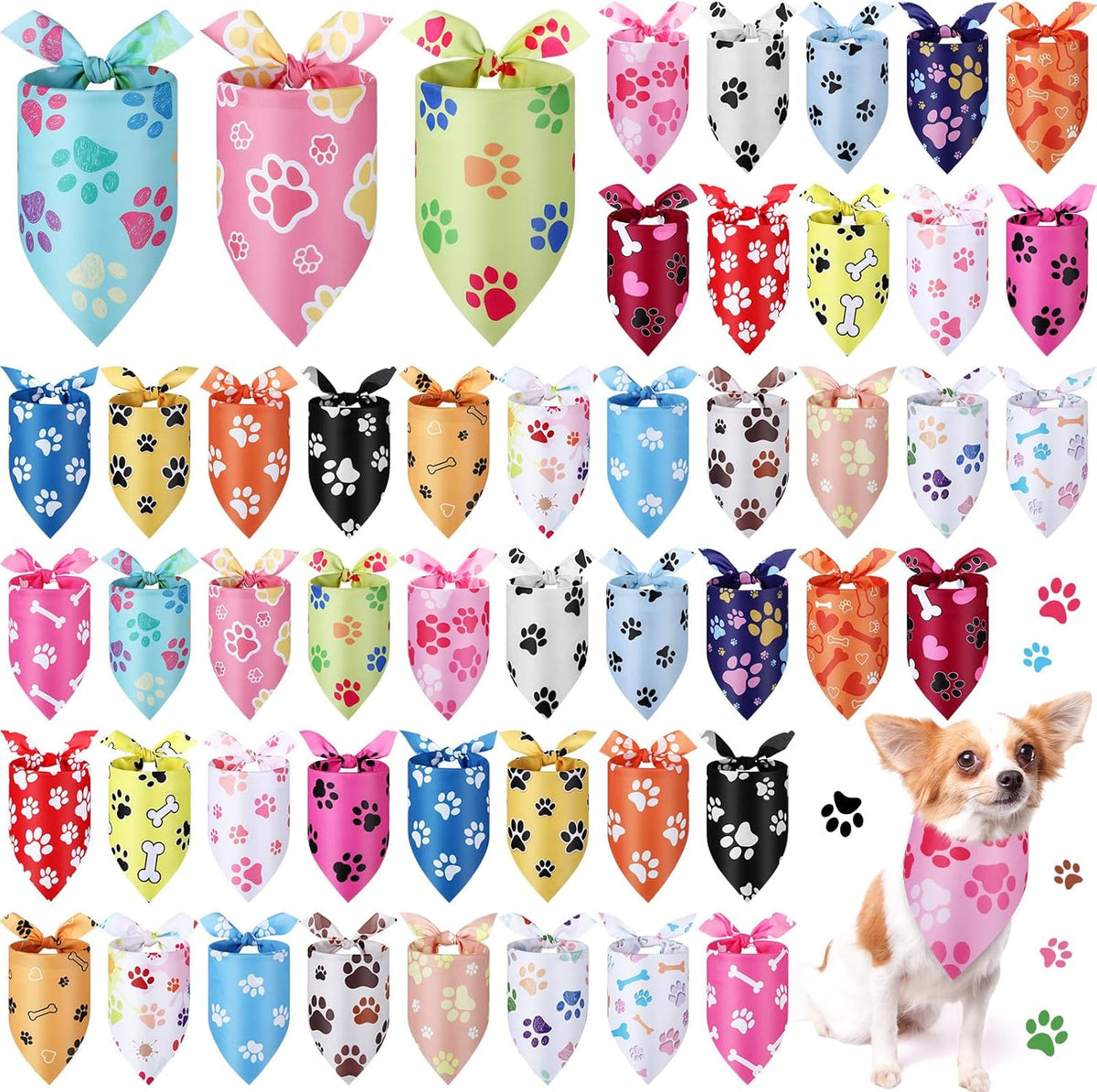 Abbylike 50 Pcs Paw Print Dog Bandanas Bulk Cute Footprint Bandanas for Dogs Triangle Kerchief Bib