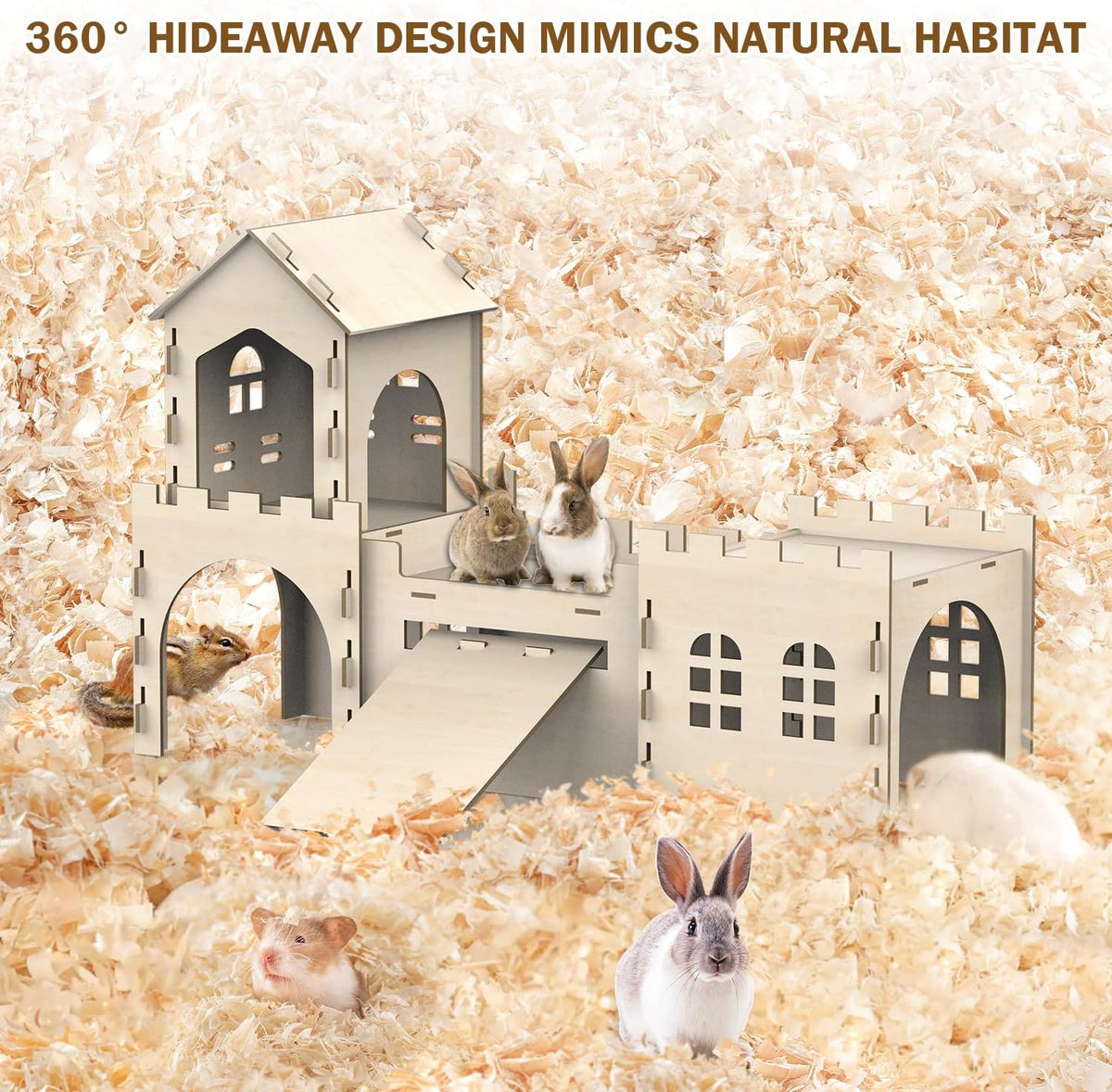 Large Bunny House and Hideouts, Wooden Dual-Layer Rabbit Castle with Stair, Rubber Band-Free Setup