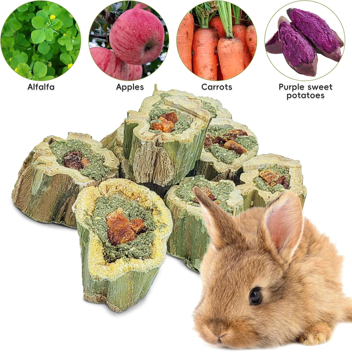 Fhiny Rabbit Chew Toys Natural Baked Papaya Wood Bunny Molar Treats Contain Alfalfa Grass Apple
