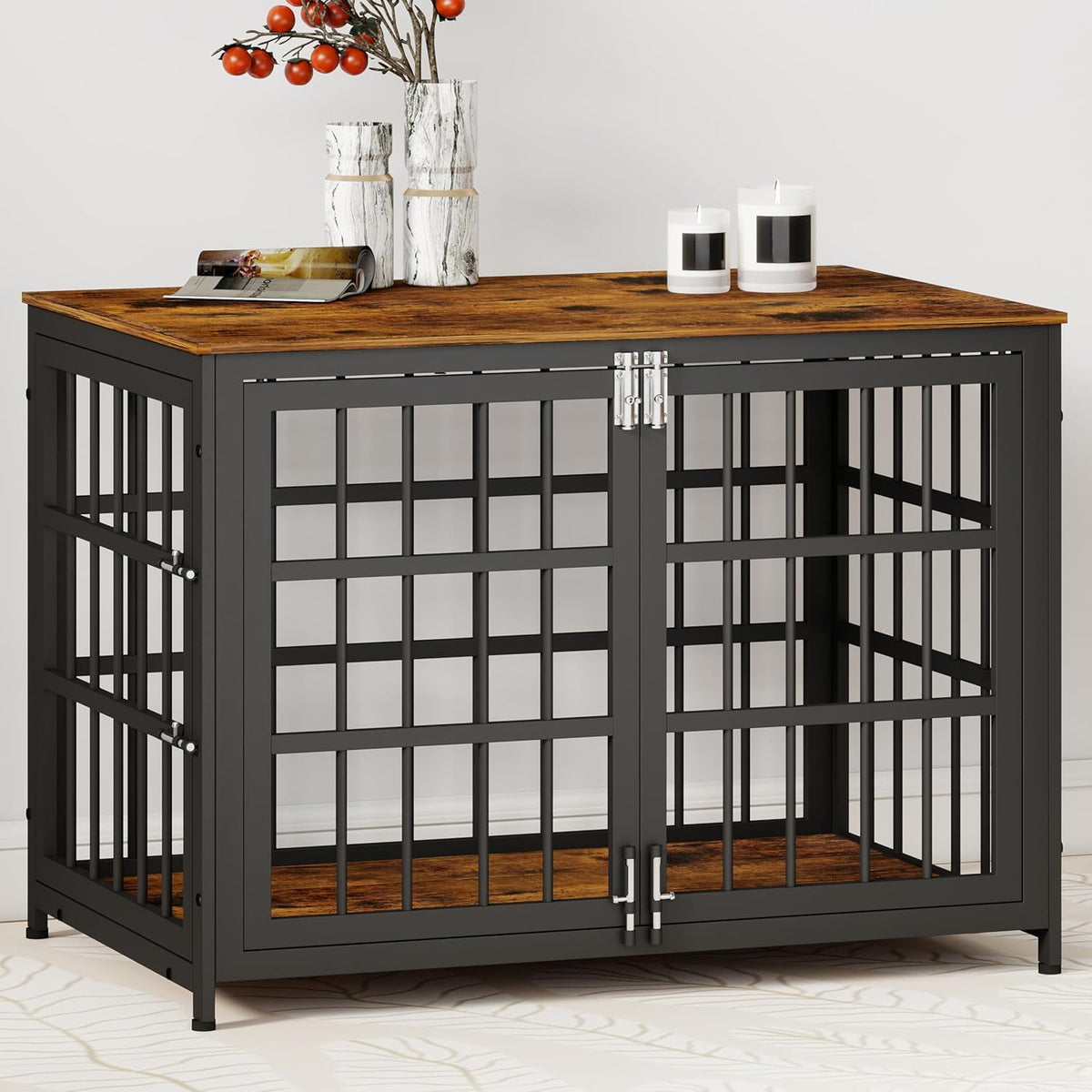 38 Inch Heavy Duty Wooden Dog Kennel End Table with Double Door Design and Secure Locks, Indoor Pet