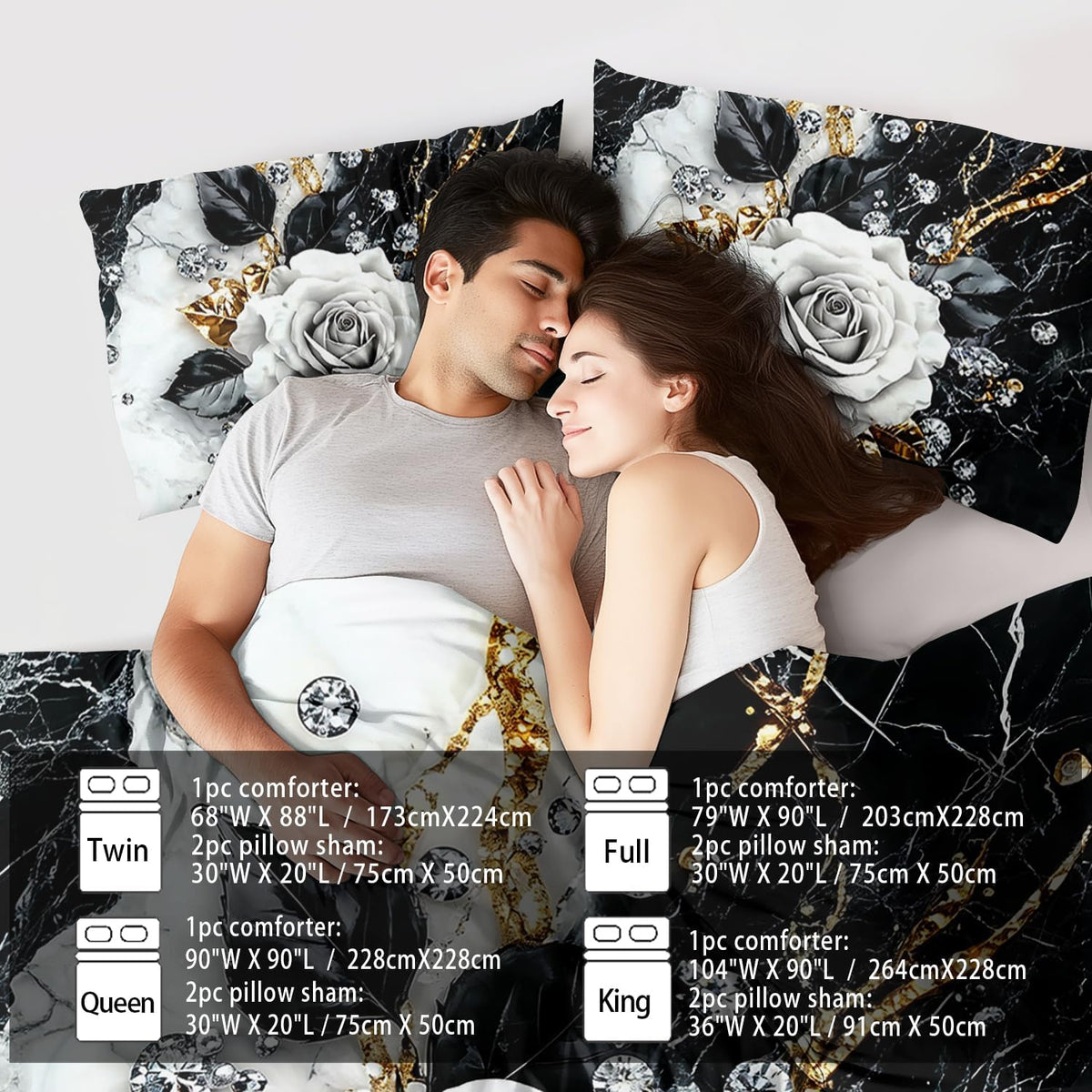 Marble Floral Comforter Set for King Bed Women,Vintage Flower Bedding Set King,White and Black