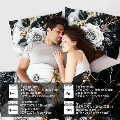 Marble Floral Comforter Set for King Bed Women,Vintage Flower Bedding Set King,White and Black