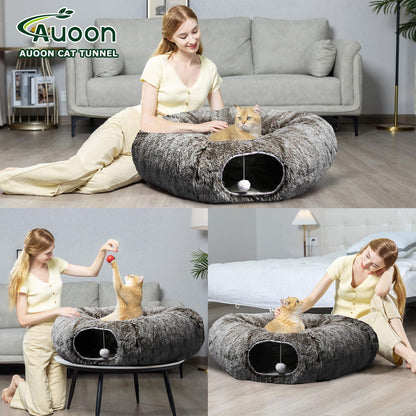 AUOON Cat Tunnel Bed - Cat Donut Tunnel with Soft Plush Circle Cushion for Indoor Cats Kitten Kitty