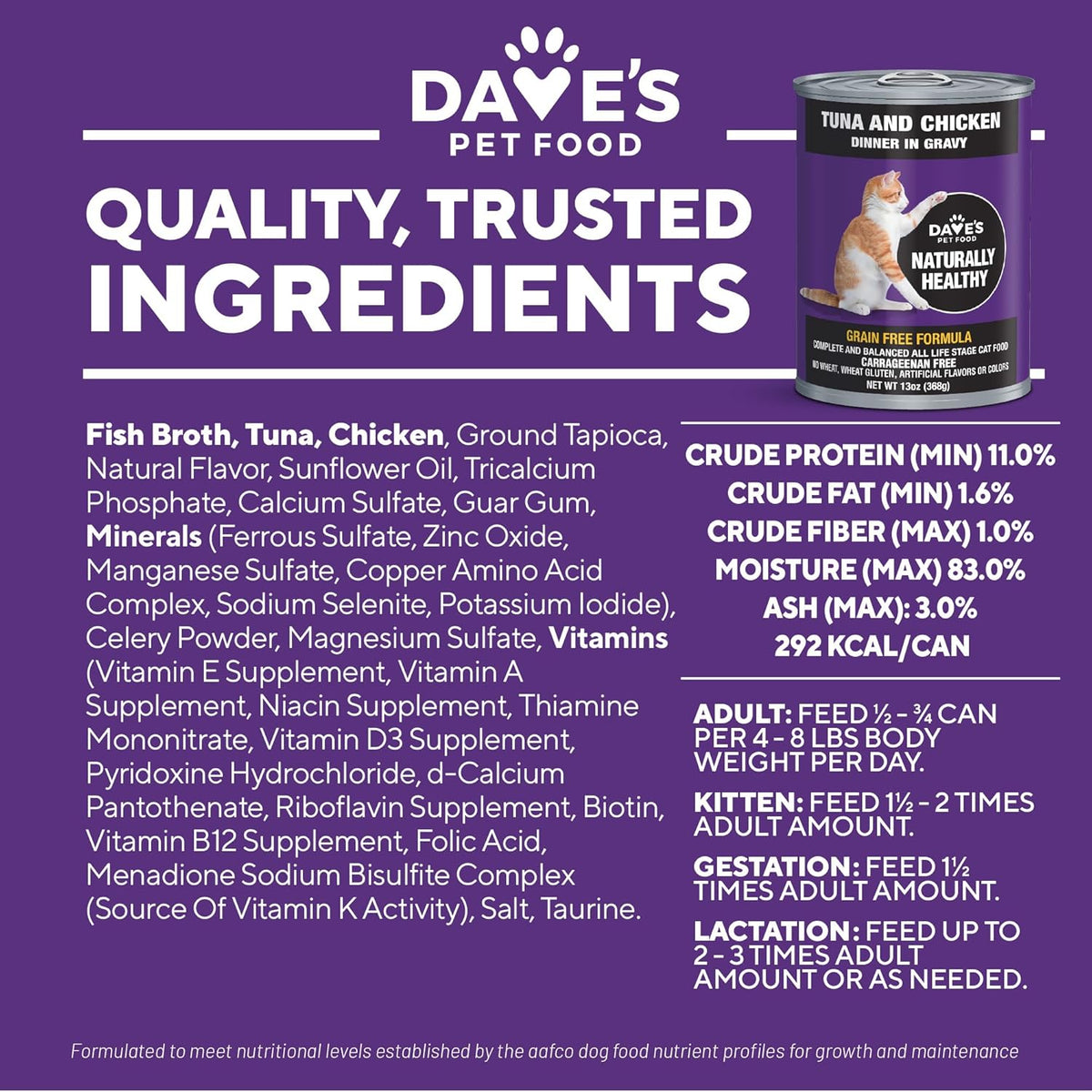 Dave's Pet Food Grain Free Wet Cat Food (Tuna & Chicken Dinner in Gravy), Naturally Healthy Canned