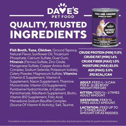 Dave's Pet Food Grain Free Wet Cat Food (Tuna & Chicken Dinner in Gravy), Naturally Healthy Canned