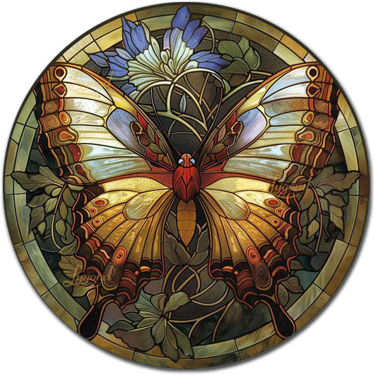 Lygond Metal Sign Tin Sign Circular Stained Glass Butterfly Funny Bathroom Wall Decor for Patio 8×8