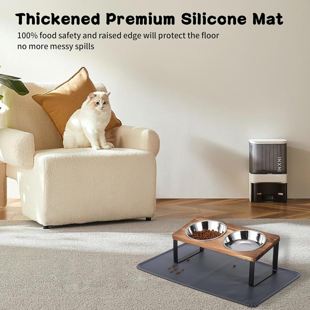 Upgraded Elevated Cat Bowls with Food Mat,15°Tilted Stand Anti Vomiting Raised Cat Dishes for Food
