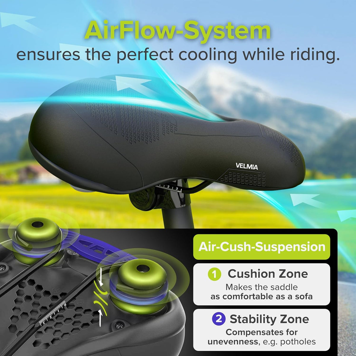 Velmia Bicycle Saddle - Comfortable Saddle for Men and Women - 3 Zone Concept - Waterproof Bicycle