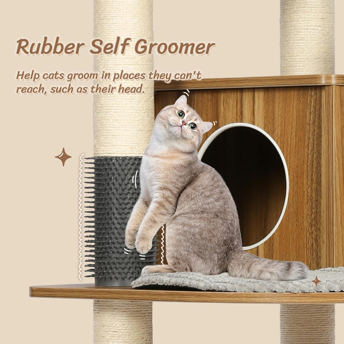 KAMABOKO Tall Wood Cat Tree, 69” Large Cat Tower Multi-Level Platforms with Sisal Scratching Posts