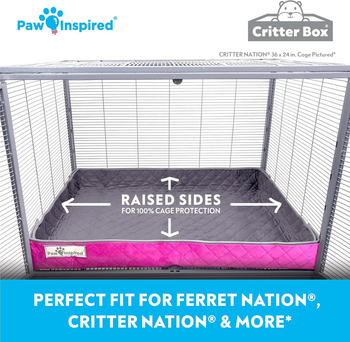 Paw Inspired Critter Box Washable Cage Liner, Reversible Fleece Bedding with Raised Sides for