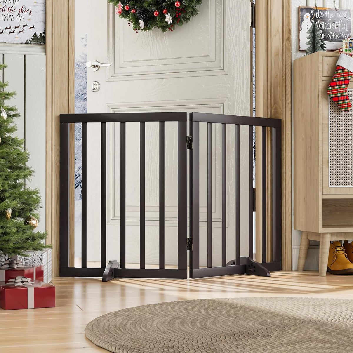 Freestanding Foldable Dog Gate 2 Panel,Fully Assembled Dog Gates for Doorways, Wooden Pet Gates for