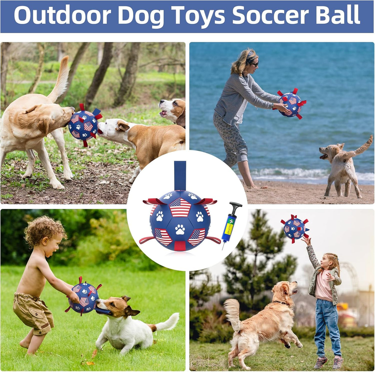 QDAN Dog Toys Soccer Ball with Straps, Durable Balls for Large Dogs, Beach Pool Dog Water Toy