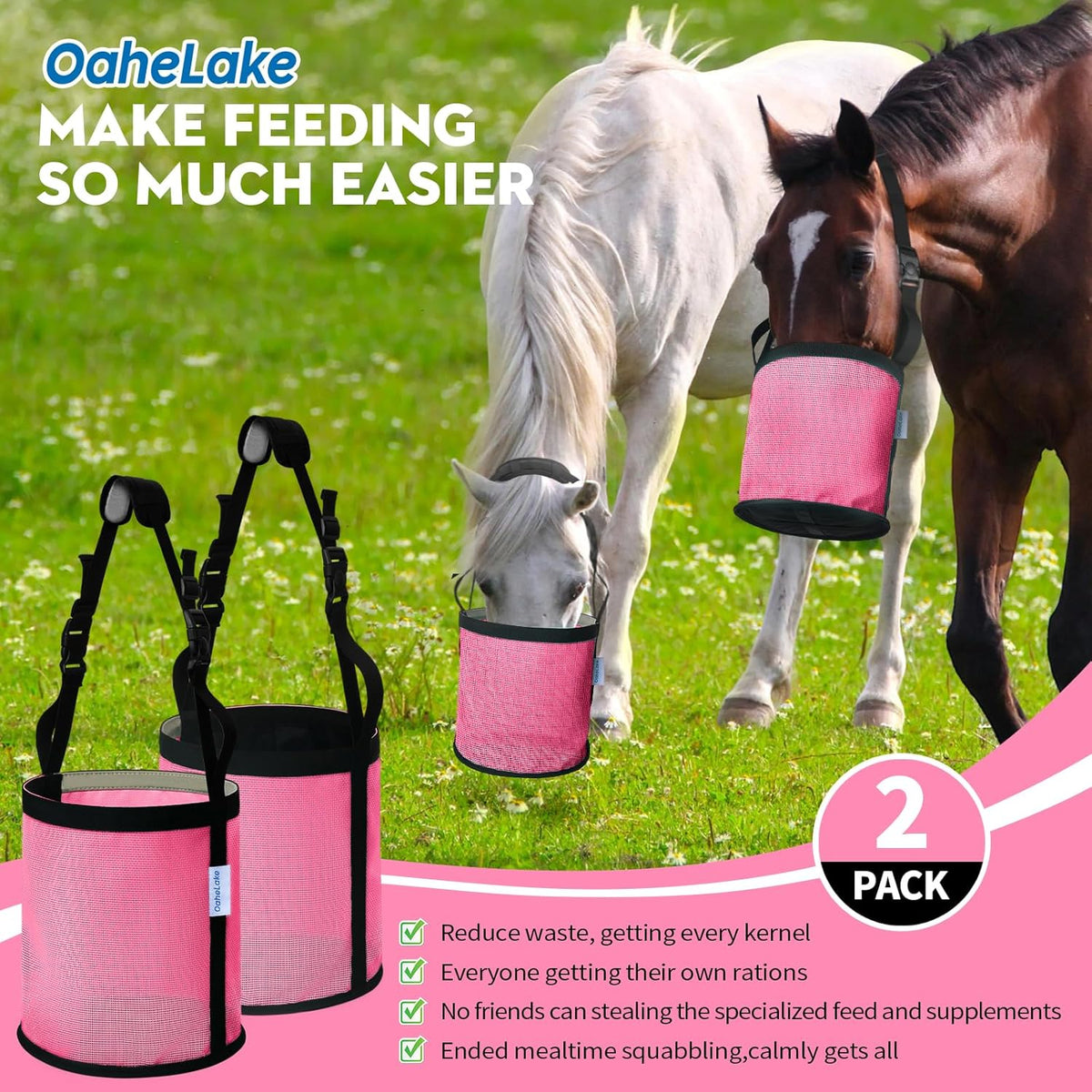 Horse Feed Bag 2 Pcs, Mesh Feed Bags for Horses, Muzzle Feedbag for Feeding Grain, Anti-Spill