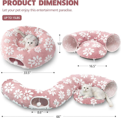 Cat Tunnel for Indoor Cats, Cute Peekaboo Cat Cave with Dangling Balls, Pet Donut Tunnel Bed with