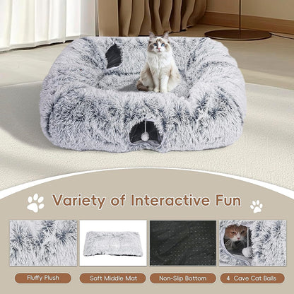Extra Large Cat Tunnel Bed, 4 Ways Tunnels for Indoor Cats, Multi-cat Family Peekaboo Cave & Cat