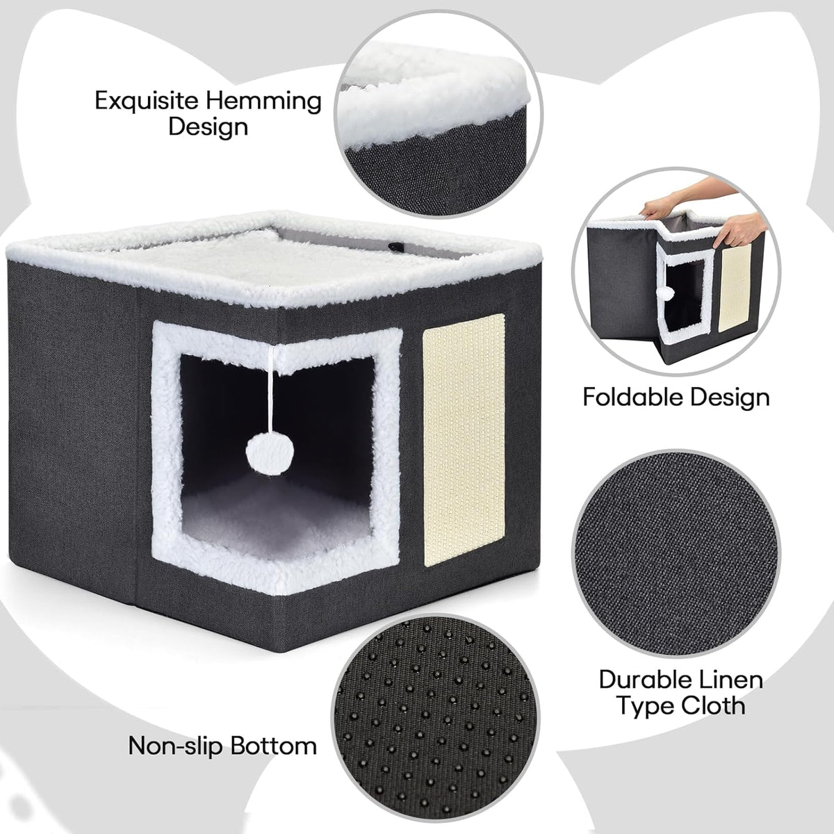 petizer Cat Bed for Indoor Cats, Large Covered Cat House with Scratch Pad, Foldable Cat Cave Bed &