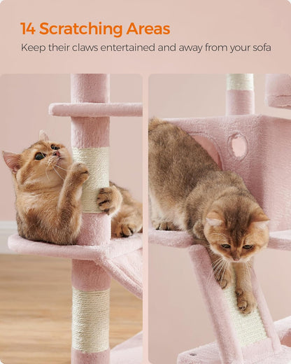 Feandrea Cat Tree, 66.1-Inch Large Cat Tower with 13 Scratching Posts, 2 Perches, 2 Caves, Basket