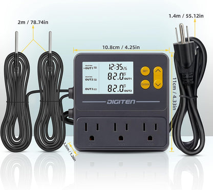 DIGITEN Reptile Temperature Controller with Timer Day-Night,3-Stage Outlet Thermostat Cooling