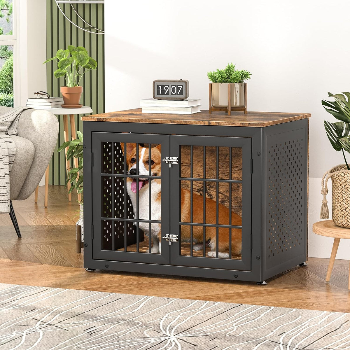32" Heavy Duty Dog Crate Furniture for Small and Medium Dogs, Metal Kennel for High Anxiety Dogs