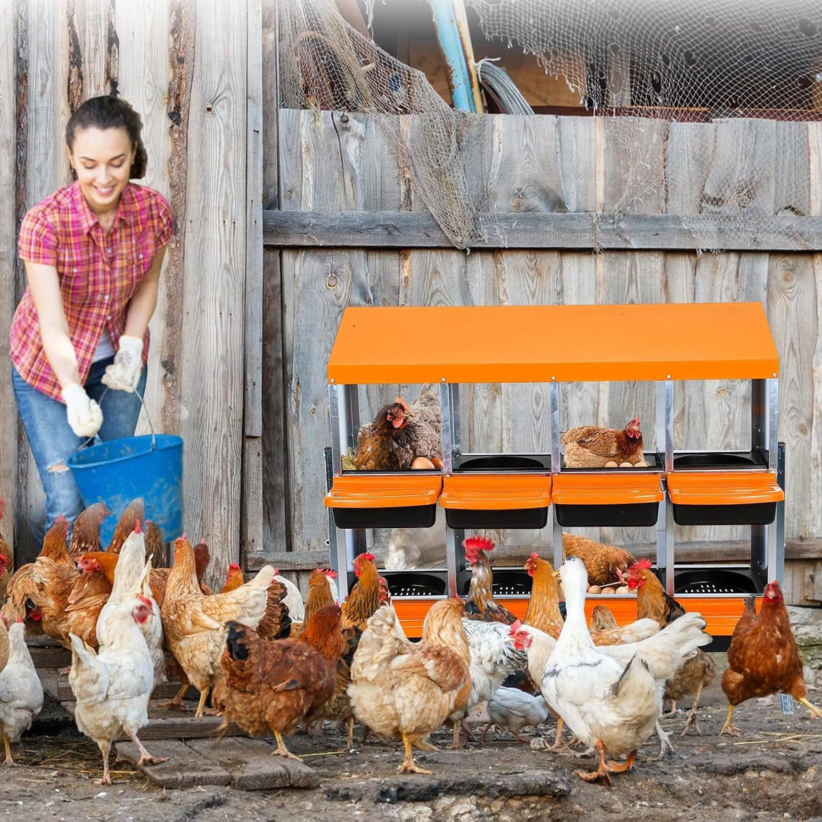 Chicken Nesting Boxes, 8 Hole Metal Chicken Laying Box with with Removable Trays and Roll Out Egg