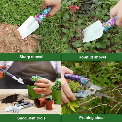 Gardening Tool Set 10-Piece, Heavy Duty Garden Tool Set with Purple Floral Tote Bag and Gift Box