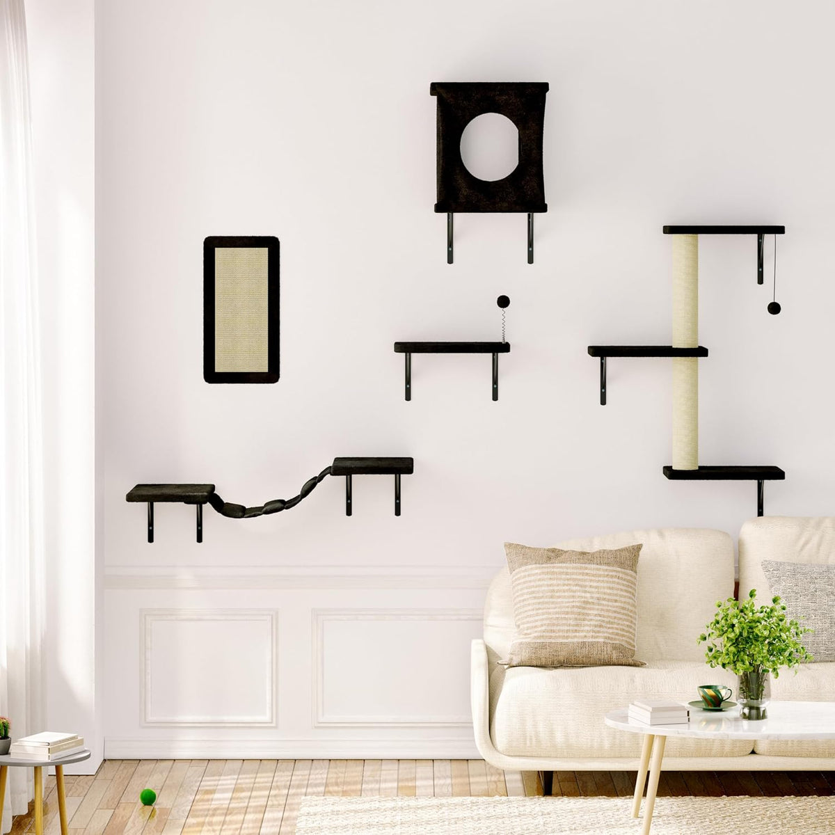 NUNU LAB Wall Mounted Cat Furniture, 5 Pcs Cat Wall Shelves with House, Bridge, Steps, Scratching