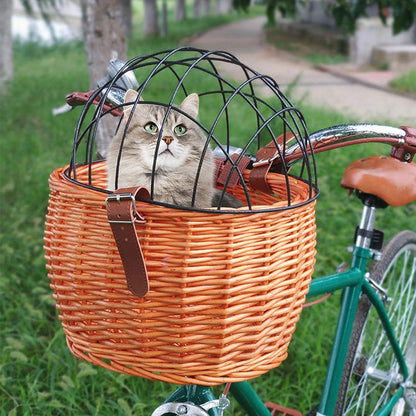Bike Pet Basket, Wicker Bike Basket for Small Dogs Cats Pet Carrier Front Basket with Wire Mesh