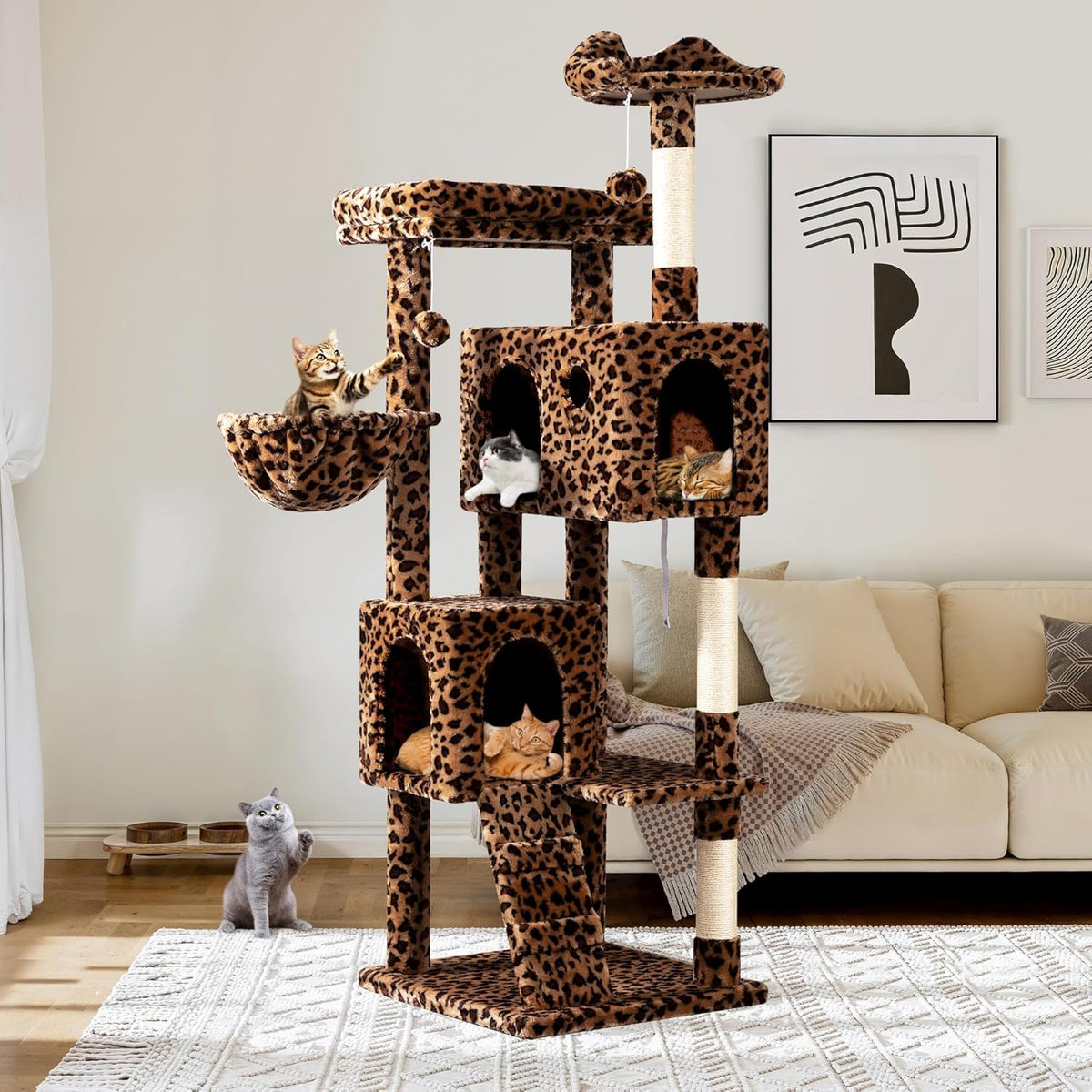 Allewie 64 Inches Cat Tree Tower/Multi-Level Activity Center for Indoor Big Felines/2 Plush