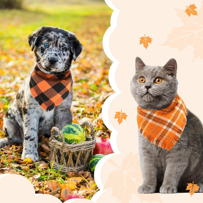 Kytely Fall Dog Bandana 2 Pack, Halloween Thanksgiving Dog Bandanas, Orange Plaid Pet Scarf for Boy