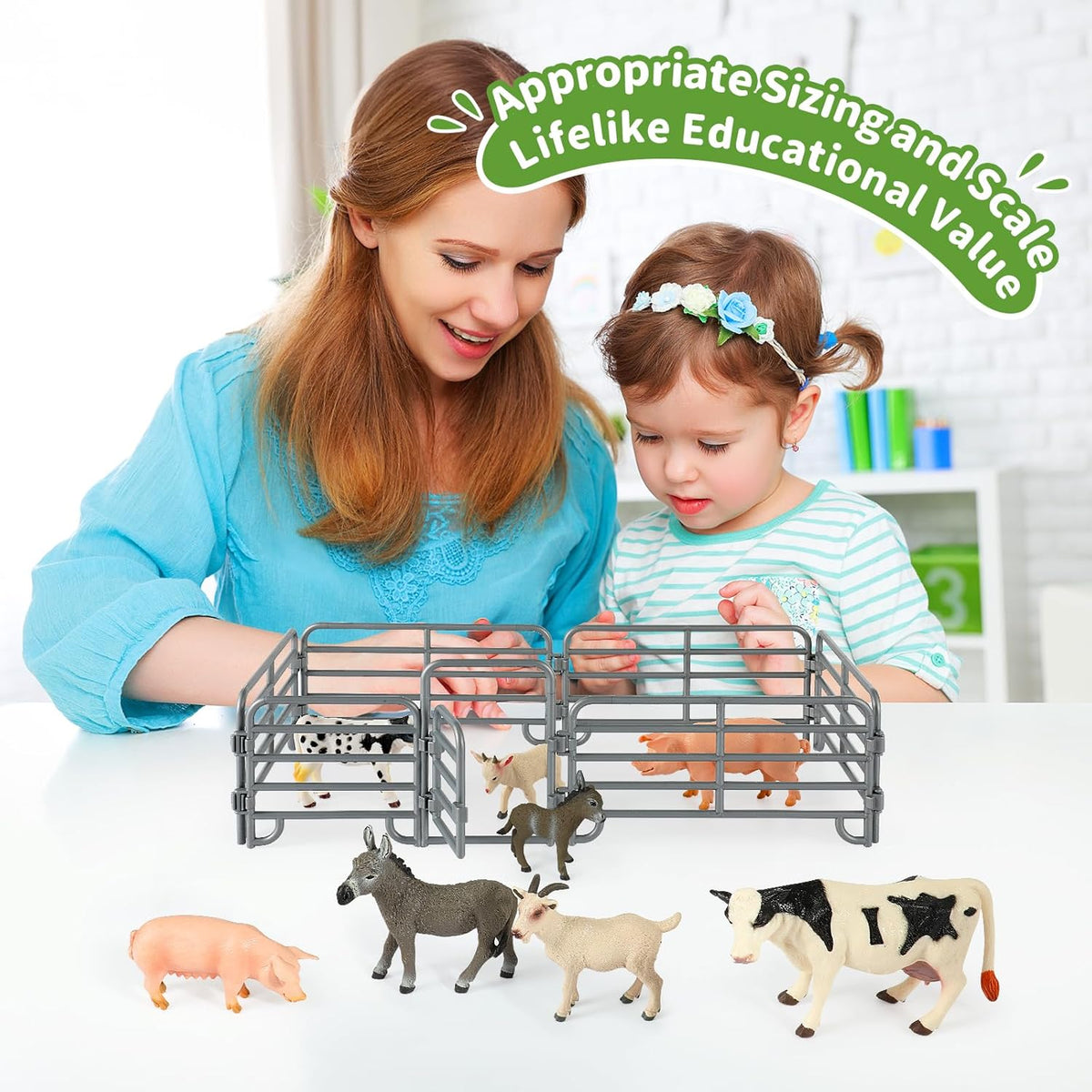 Farm Animal Toys, Realistic Farm Animal Figurines and Fence Playset, Includes Cow Pig Donkey Goat