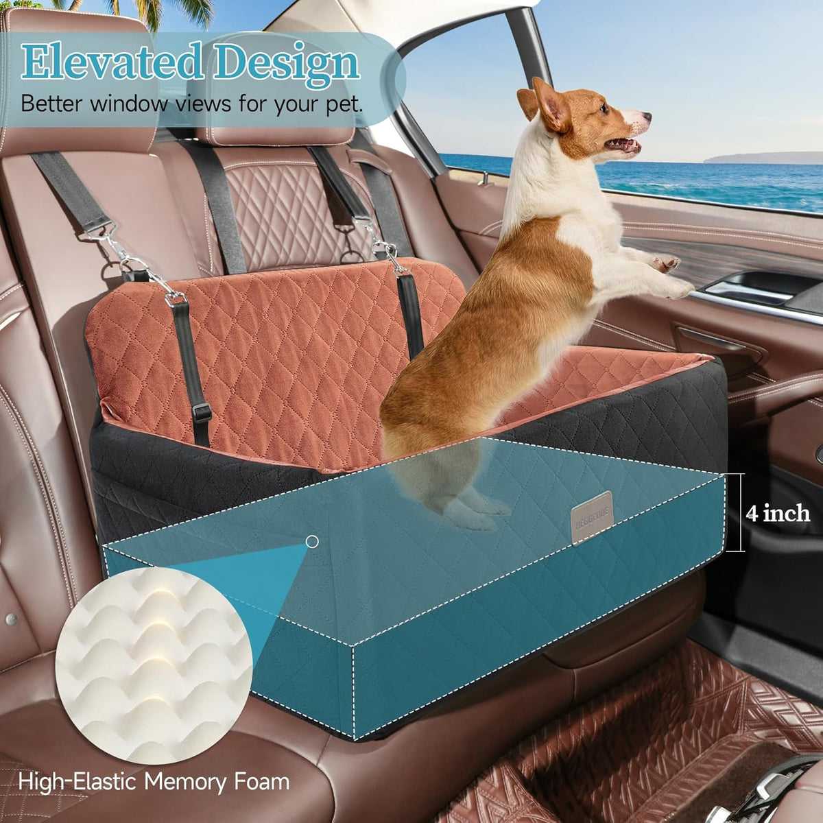 Dog Car Seat for Medium/Large Dogs, Pet Booster Seat for Under 55 lbs or 2 Small Dogs, Detachable &