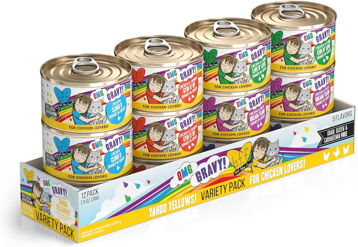 Weruva B.F.F. OMG - Best Feline Friend Oh My Gravy, Yahoo Yellows Variety Pack, 2.8oz Can (Pack of