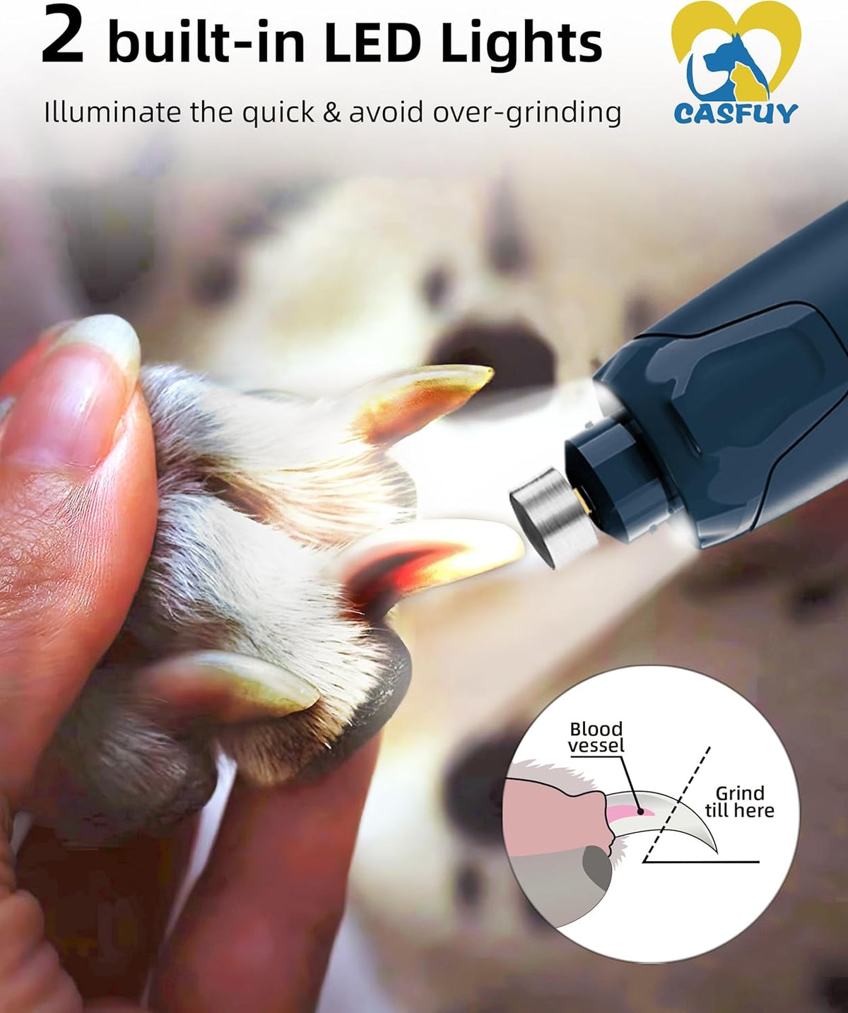 Casfuy Dog Nail Grinder Quiet - (45db) 6-Speed Pet Nail Grinder with 2 LED Lights for Large Medium